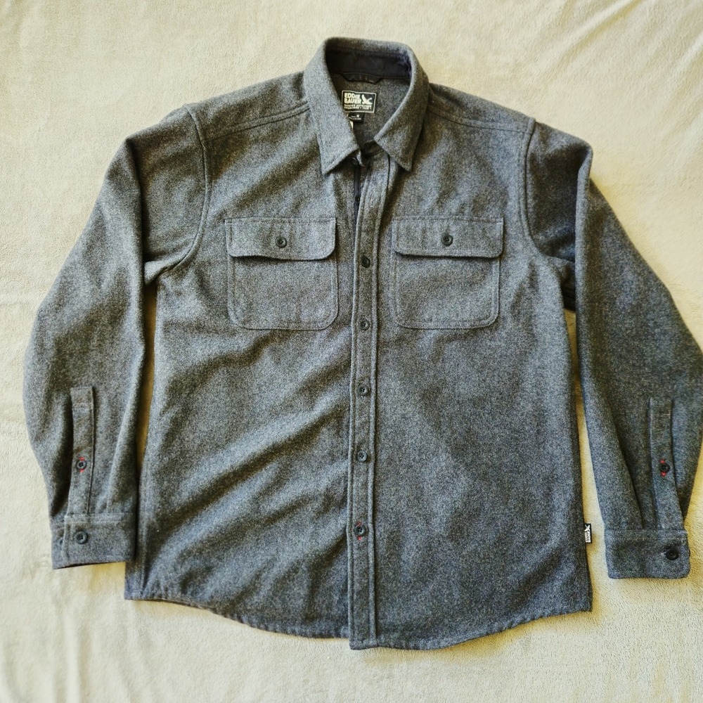 Eddie Bauer Men's Wool Flannel Button-Up Shirt Gray Long Sleeve Pockets Size M